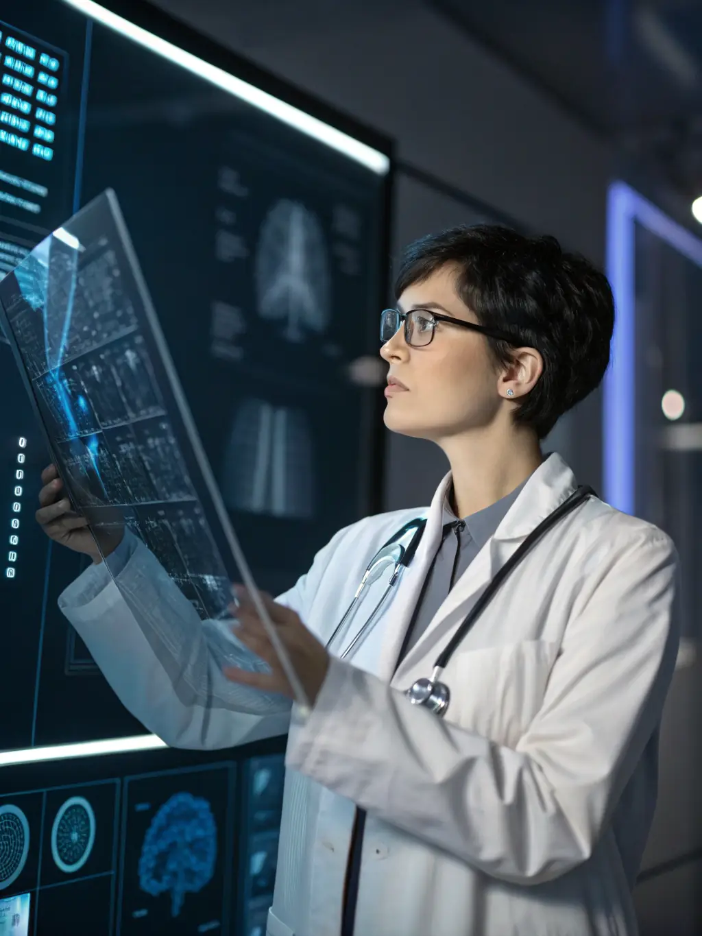 A doctor using a tablet to analyze medical data, with a focus on AI-driven diagnostics in a modern hospital setting.