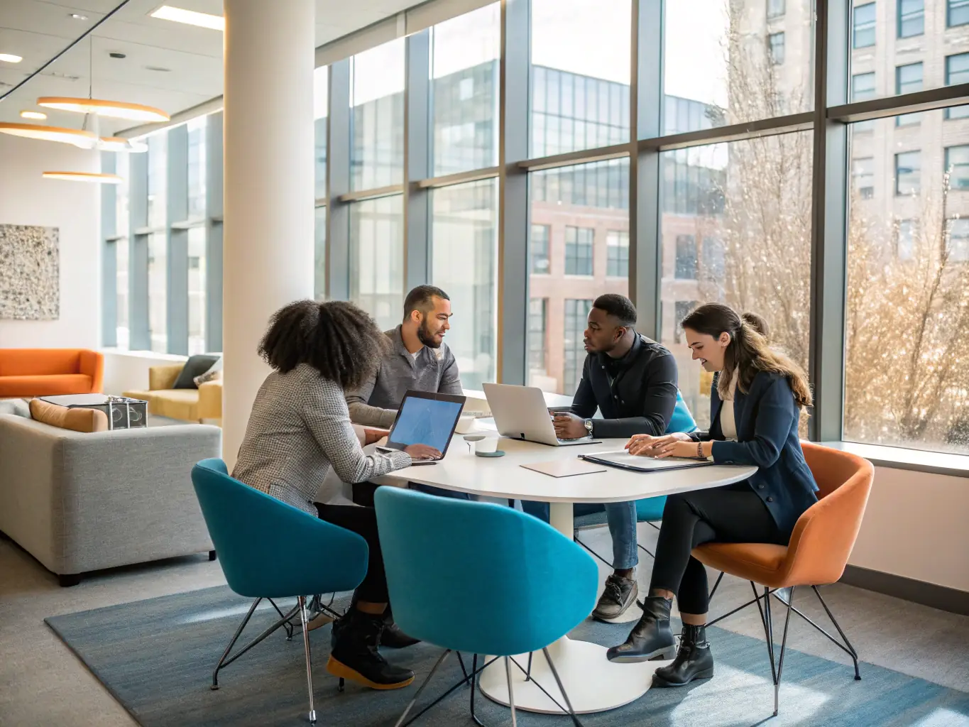 A modern office space with people collaborating on fintech solutions, emphasizing innovation and technology in financial services.