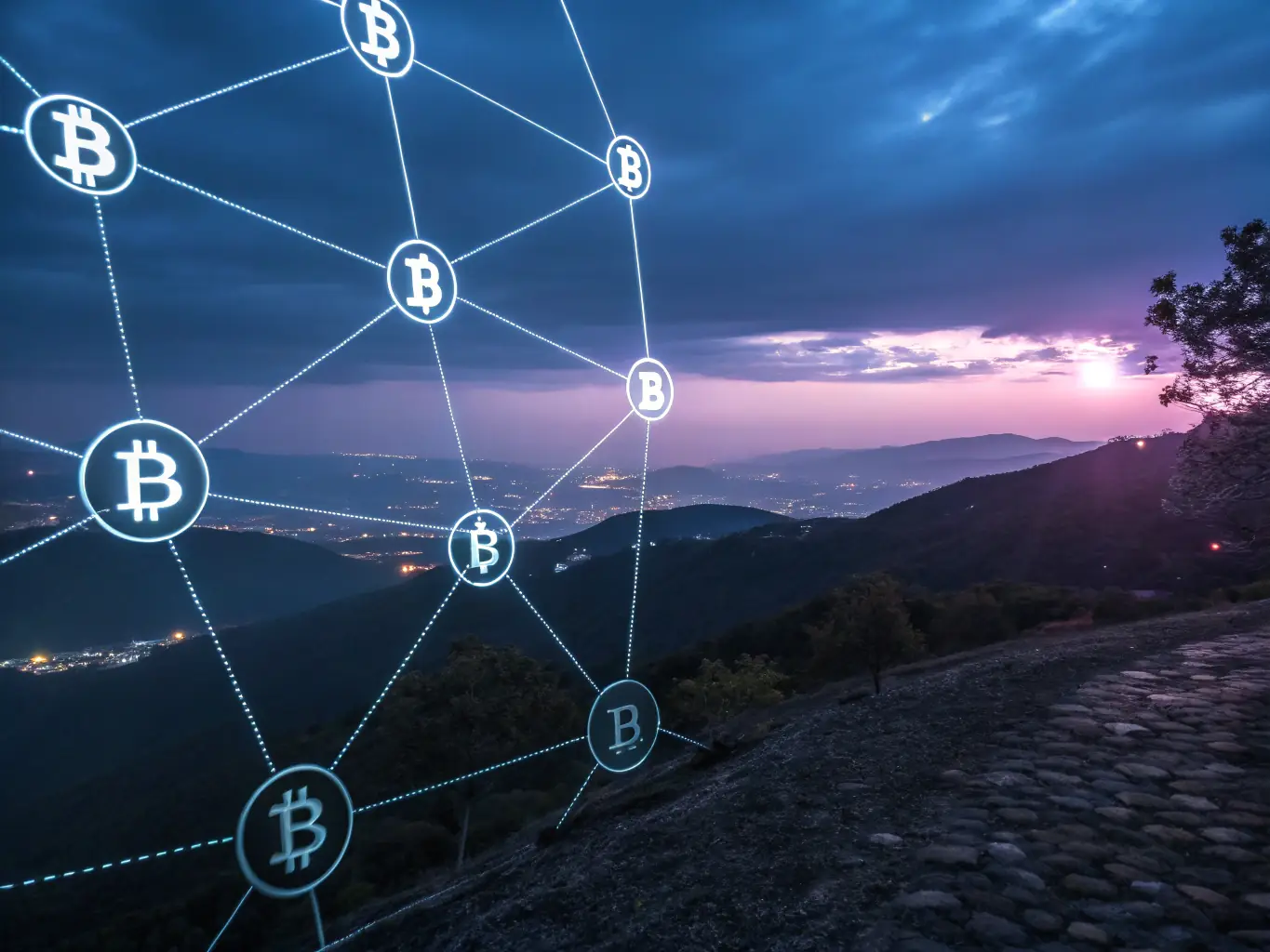 A futuristic image of a blockchain network with interconnected nodes, representing Voyage Capital's fintech investment opportunities.