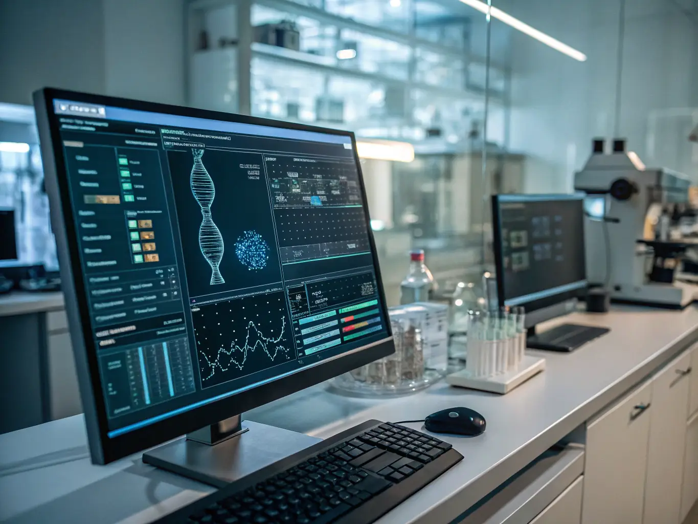 A futuristic medical laboratory with advanced AI diagnostic equipment, highlighting the intersection of technology and healthcare.