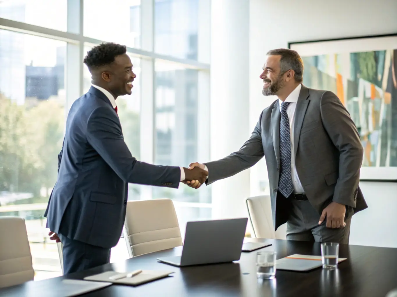 A handshake between two business partners in a modern office setting, symbolizing strategic business affiliations and partnerships.