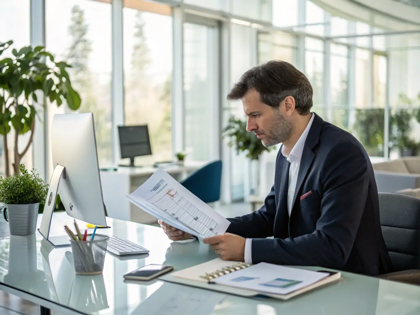 A professional reviewing real estate investment documents in a modern office setting, symbolizing Voyage Capital's real estate investment opportunities.