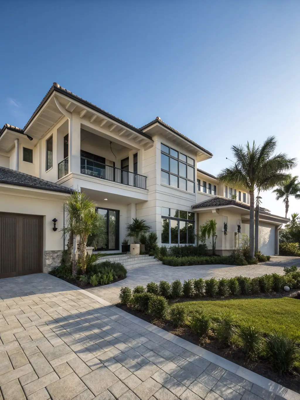A luxurious waterfront property in Miami, showcasing high-end residential real estate with a clear blue sky and palm trees.