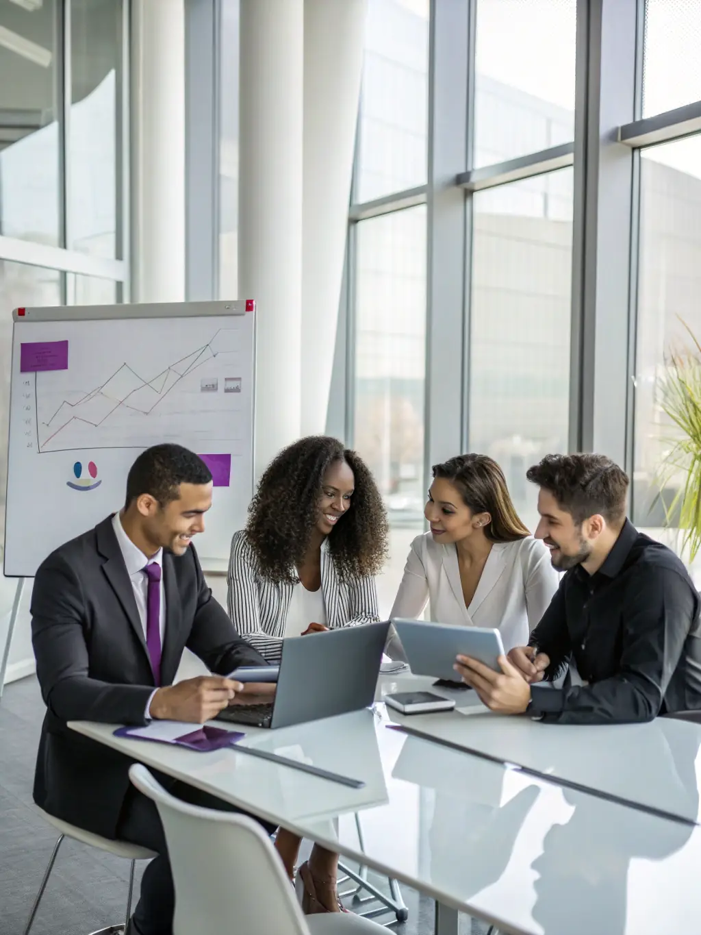 A professional photograph of a diverse group of financial analysts collaborating in a modern office setting, symbolizing Voyage Capital's team-oriented approach and expertise.